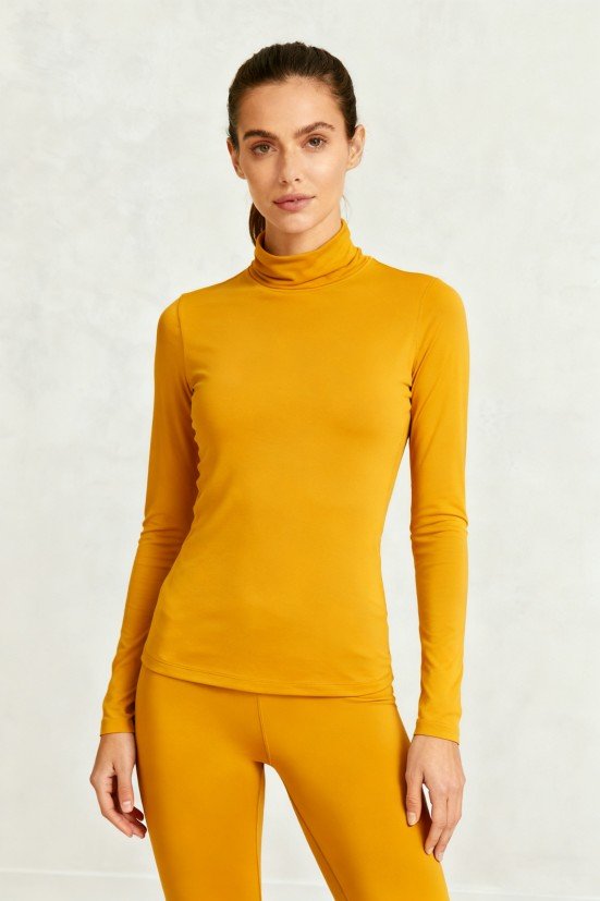 Women's Mustard Yellow Turtleneck Long-Sleeve Top – Soft Yoga Loungewear Shirt