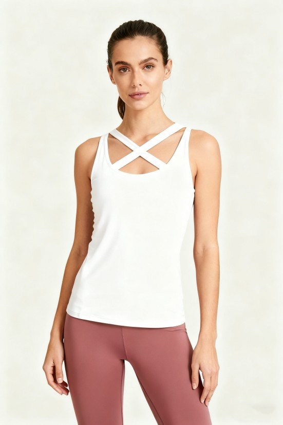Women's White Cross-Back Sleeveless Tank Top – Breathable Yoga Workout Athletic Shirt
