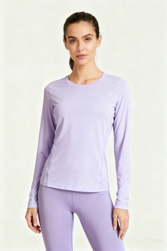 Women's Light Purple Long-Sleeve Workout Top – Slim-Fit Yoga Running Athletic Shirt